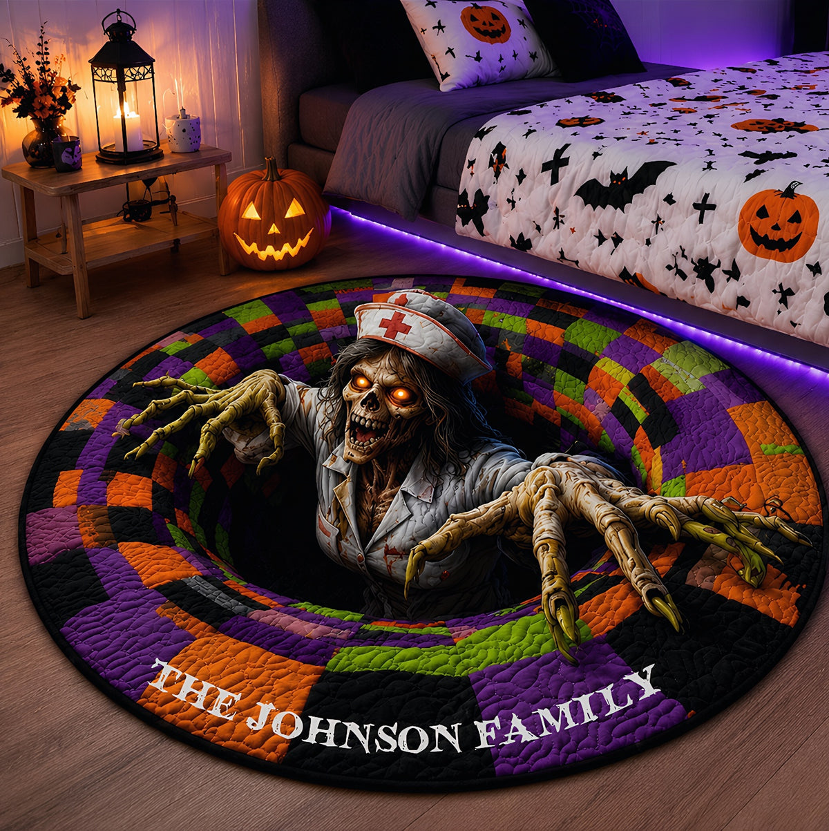 Personalized Halloween Optical Illusion Rug, Custom Family Name 3D Halloween Rug, Optical Illusion with Depth Pattern Non-Slip Soft Fabric