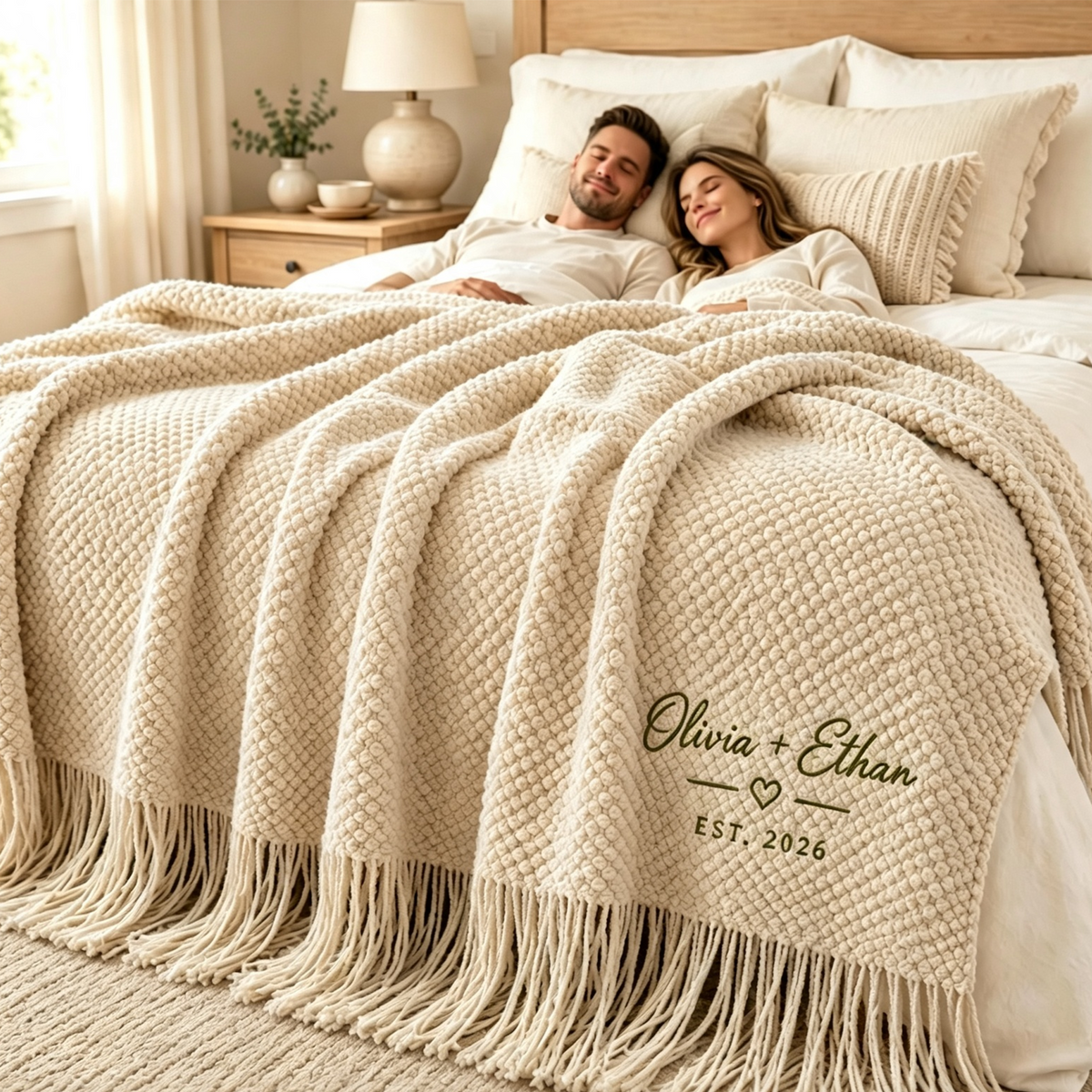 Personalized Couples Blanket with Embroidered Name & Date Wedding Gifts for Couples 2026 Cozy Fringe Blanket for Bed, Sofa Home Decor Cozy Gifts for Women Anniversary Birthday Wedding
