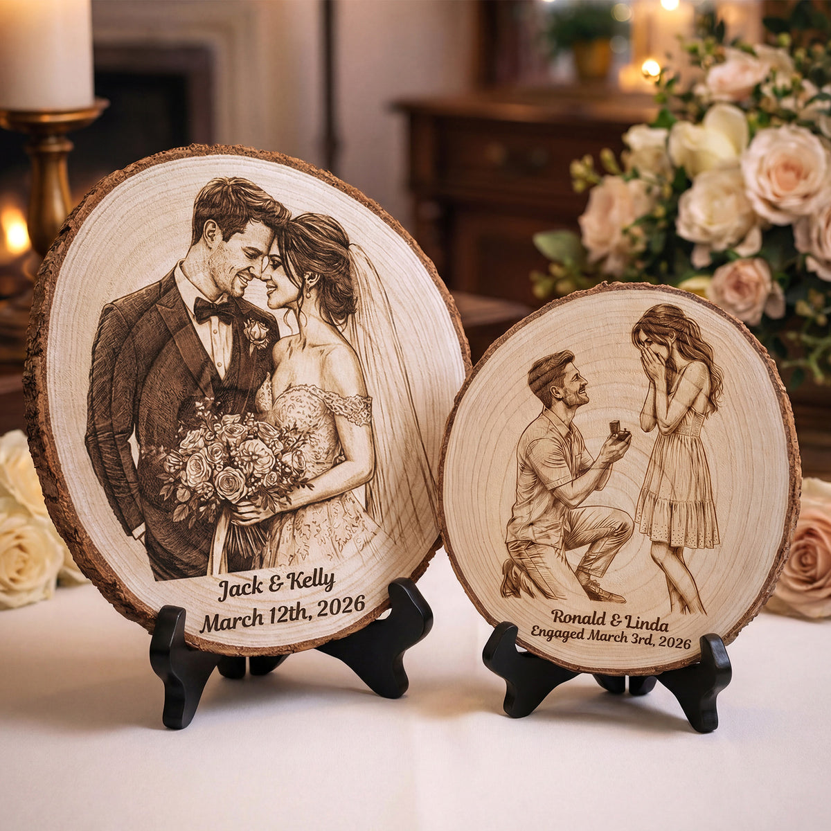 ELULAE Personalized Couple Photo Wood Decor Custom Engraved Portrait on Wood Slice with Display Stand Newlywed Gifts Idea Rustic Wall Art 5th Anniversary Wedding Engagement Gift for Couple