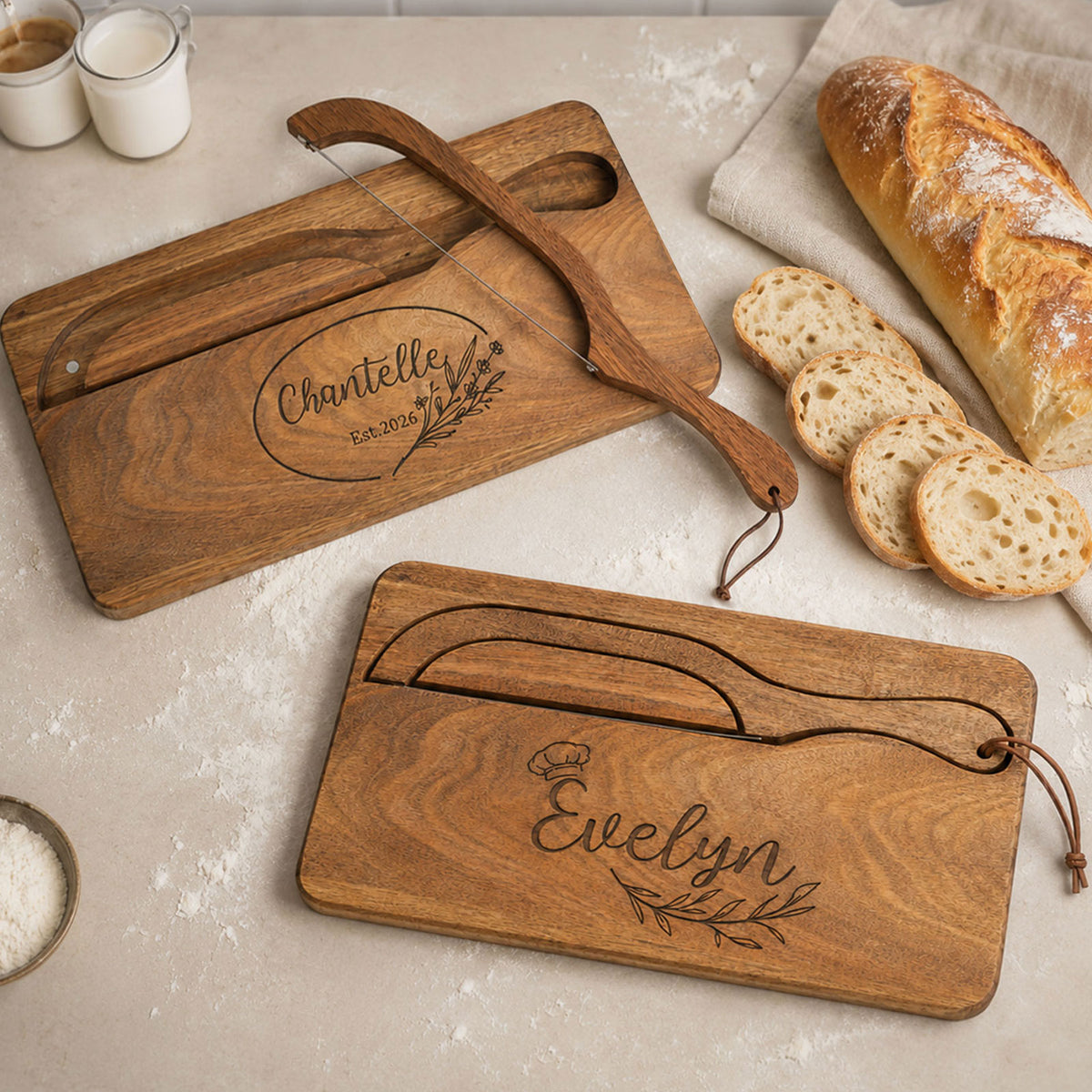 Personalized Bread Knife and Board Set Custom Name Wooden Bread Slicer with Magnetic Storage Rustic Farmhouse Kitchen Decor Sourdough Baking Essential Gifts Mom Wife Family Baking Lovers
