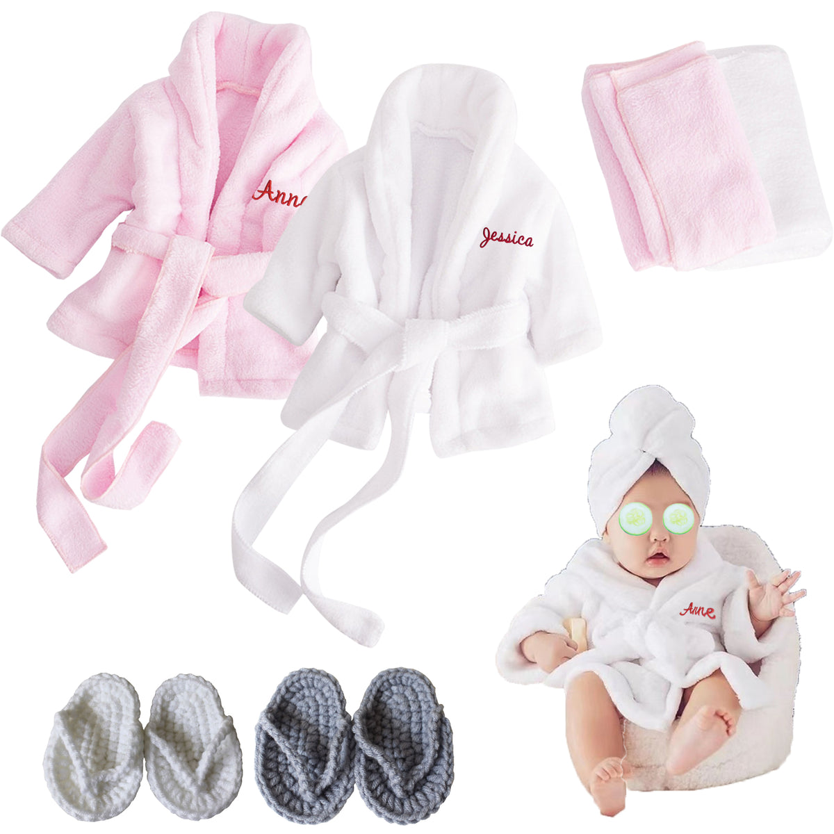 Personalized Baby Robe with Embroidery Name Custom Baby Bath Robe for Girls and Boys with Washcloth or Slippers Gift for Baby Showers Newborn Baby Gifts Birthday Gifts Baby Essentials(0-12 M)