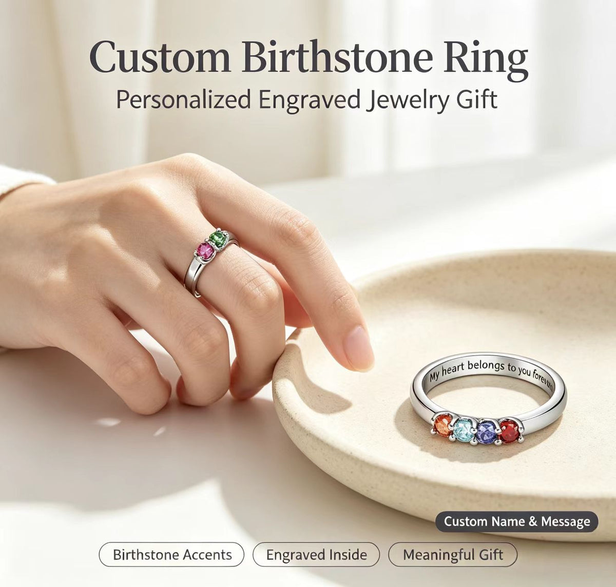 Personalized Sterling Elegant 1-8 Birthstones Ring with Engraved Text Birthday Mother's Day Gift for Mom Grandma
