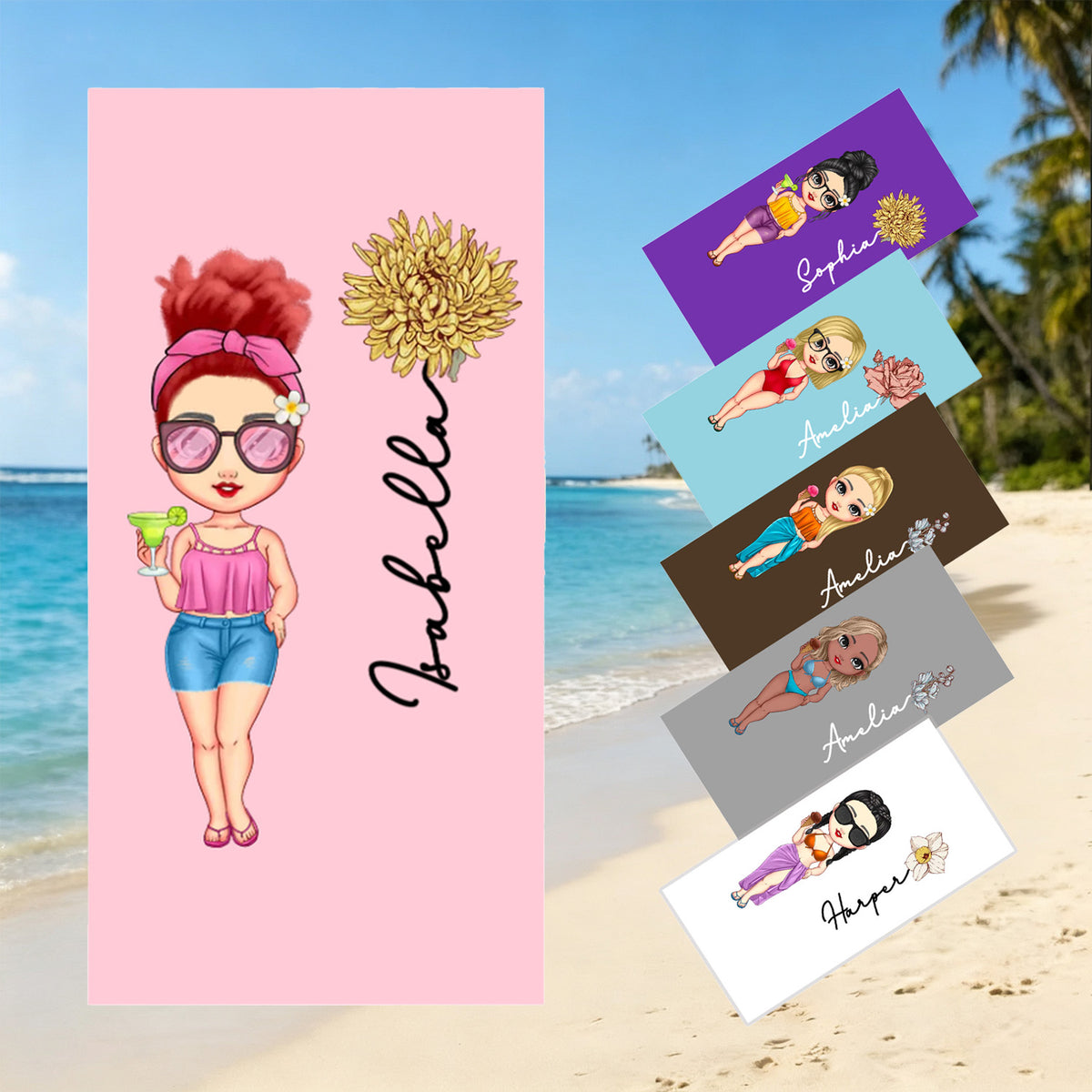 Personalized Beach Towels with Name and Birth Flower Cartoon Women Oversized Beach Towel Travel Beach Towel for Women for Swimming Pool Camping Beach Gifts for Sisters Friends Besties Adult Gift