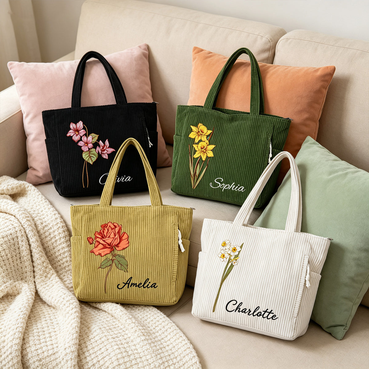 Personalized Birth Flower Corduroy Tote Bag for Women Custom Name Large Shoulder Bag with Zipper