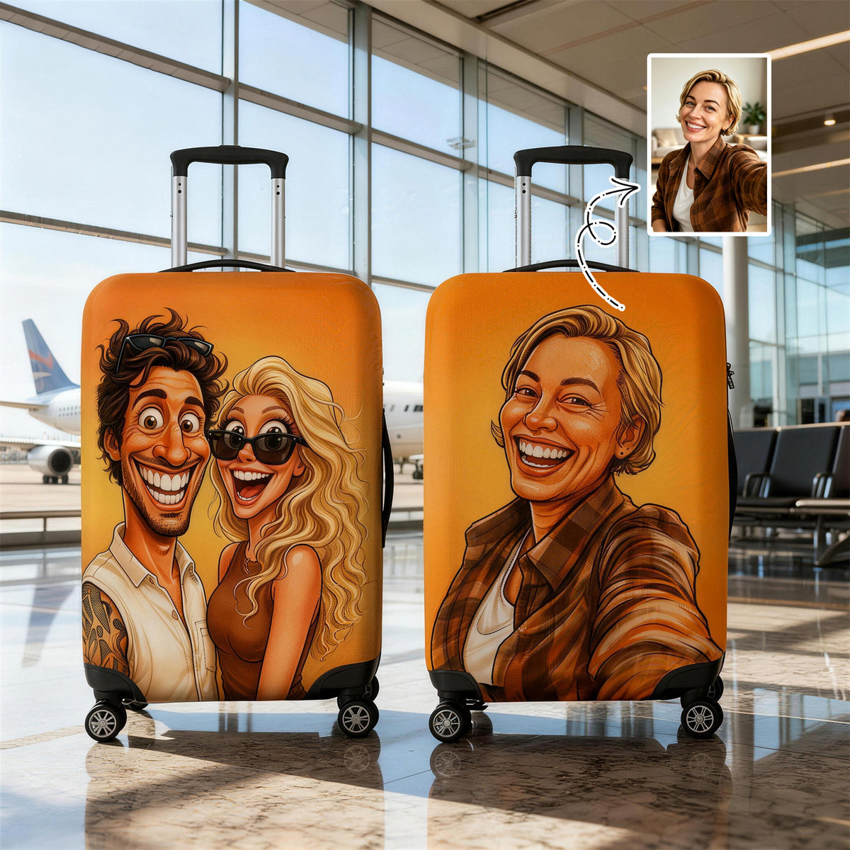 Personalized Luggage Cover Custom Comic Portrait from Photo Travel Accessories Double Sided Elastic Washable 18-32" Suitcase Protector Gifts Travel Lovers Couples Family Friends