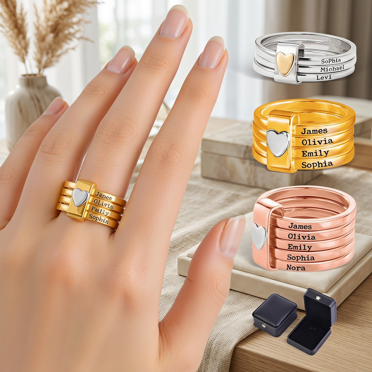 Anillo con Nombre Personalizado para Mujer, Anillos Apilables con 2-7 Nombres Grabados