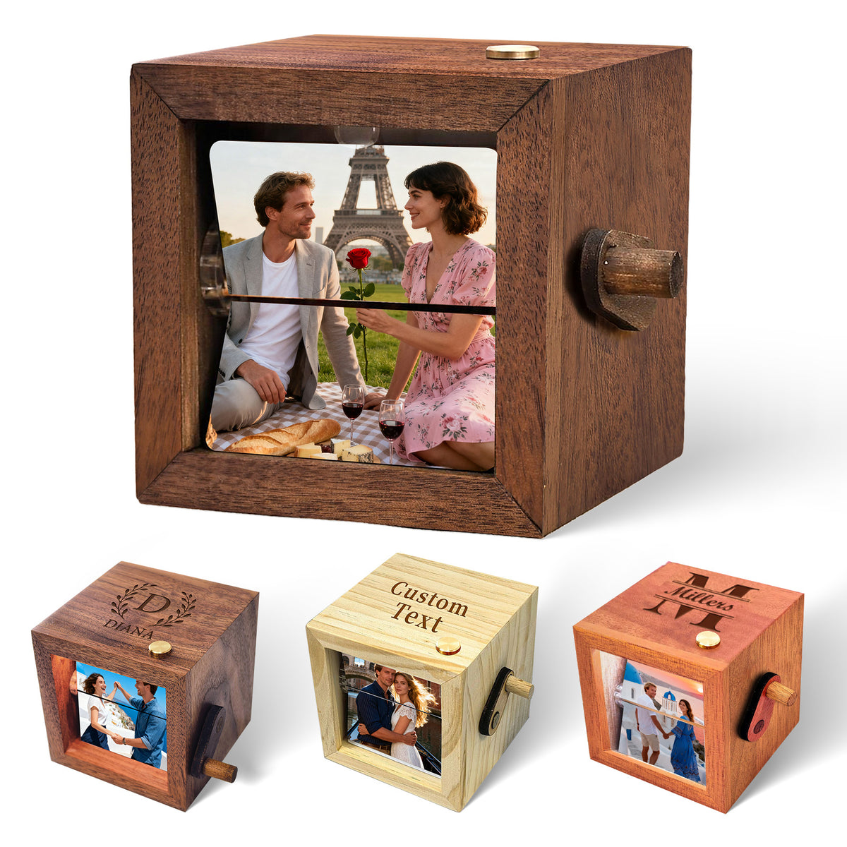 Personalized Photo Flip Box Custom Hand Crank Photo Album with Light & Name Anniversary Keepsake for Him & Her Gifts for Couple Family Christmas Day Father’s Day Wedding Birthday Gift