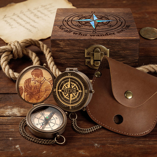 Personalized Engraved Compass with Wooden Box  Custom Brass Pocket Compass  with PU Leather Storage Pouch  for Camping Hiking Fishing  Vintage Antique Keepsake  Father's Day Birthday Xmas Gifts