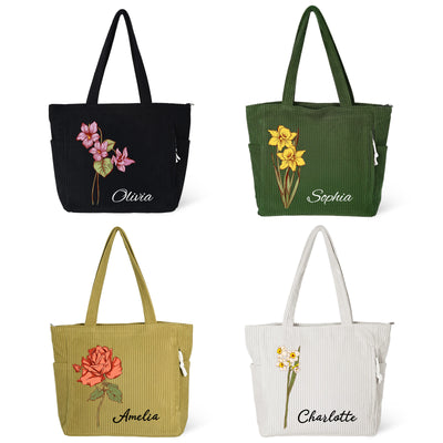 Bolso de pana personalizado con flor de nacimiento para mujer, bolso de hombro grande con cremallera y nombre personalizado