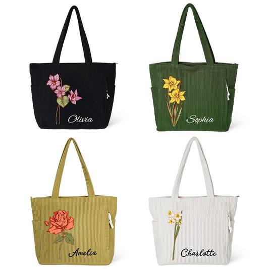 Personalized Birth Flower Corduroy Tote Bag