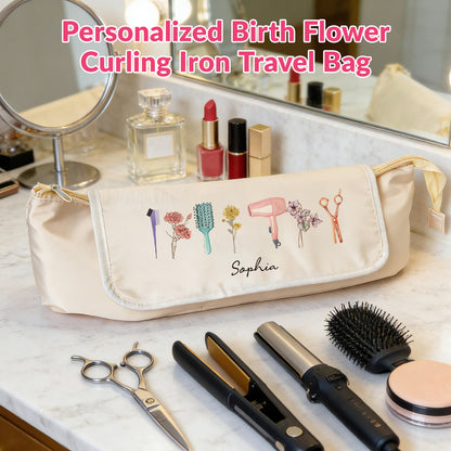 Personalized Heat-Resistant Hair Tools Travel Bag – Custom Birth Flower & Name Organizer for Dyson, Shark & Hot Tools