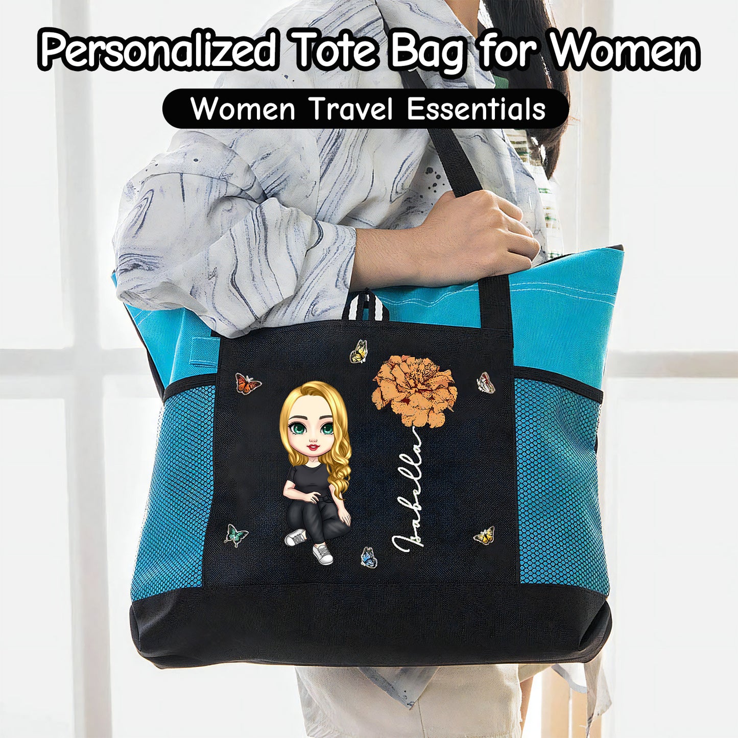Personalized Oxford Tote Bag for Women Custom Cartoon Lady Birth Flower Travel Storage Bag with Name Large Capacity Bag for Office Travel Beach Shopping Picnic Birthday Gift for Women