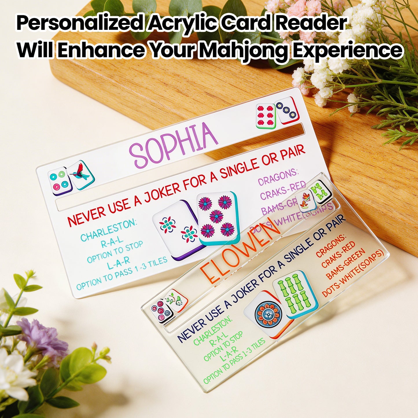 Personalized Acrylic Mahjong Line Reader with Rules and Name Accessories Tool Gifts for Parties Game Nights Birthday Gifts for Lovers Beginners Family Friends Wife