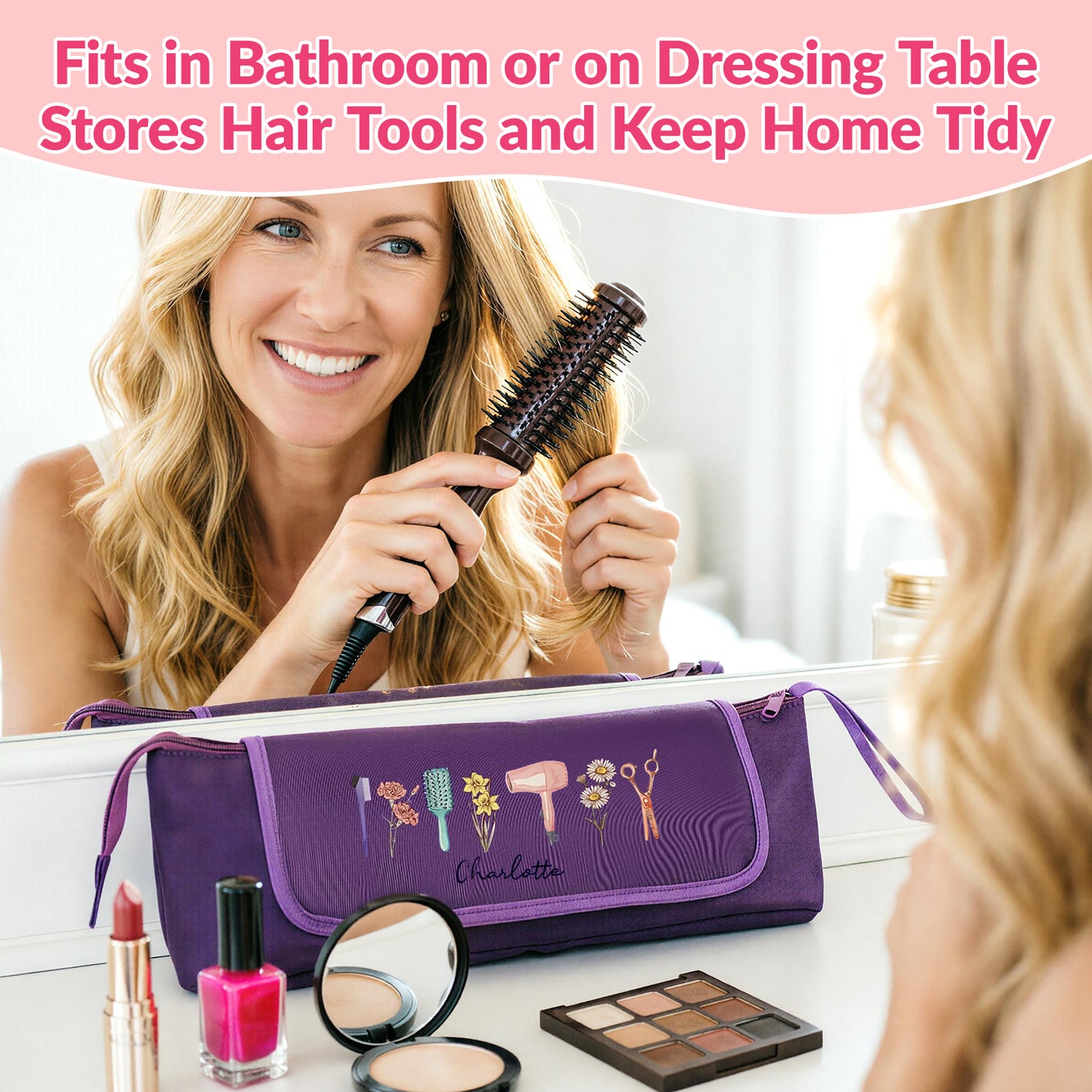 Personalized Heat-Resistant Hair Tools Travel Bag – Custom Birth Flower & Name Organizer for Dyson, Shark & Hot Tools