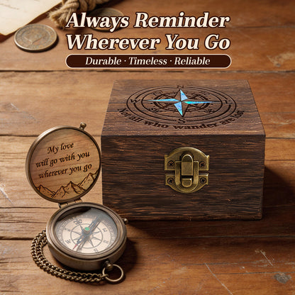 Personalized Engraved Compass with Wooden Box  Custom Brass Pocket Compass  with PU Leather Storage Pouch  for Camping Hiking Fishing  Vintage Antique Keepsake  Father's Day Birthday Xmas Gifts