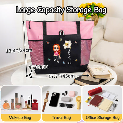 Personalized Oxford Tote Bag for Women Custom Cartoon Lady Birth Flower Travel Storage Bag with Name Large Capacity Bag for Office Travel Beach Shopping Picnic Birthday Gift for Women