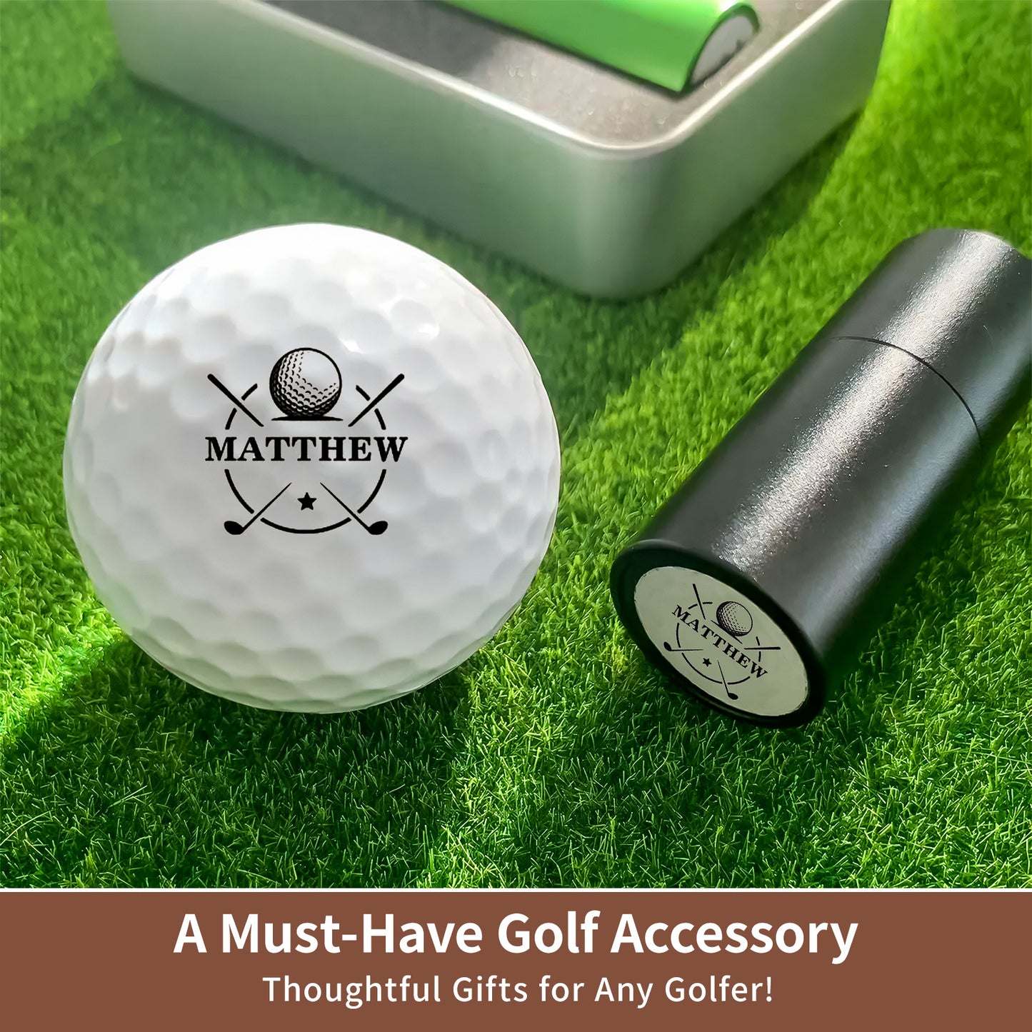 Personalized Large Golf Ball Stamp – 20 mm Logo with Metal Storage Case