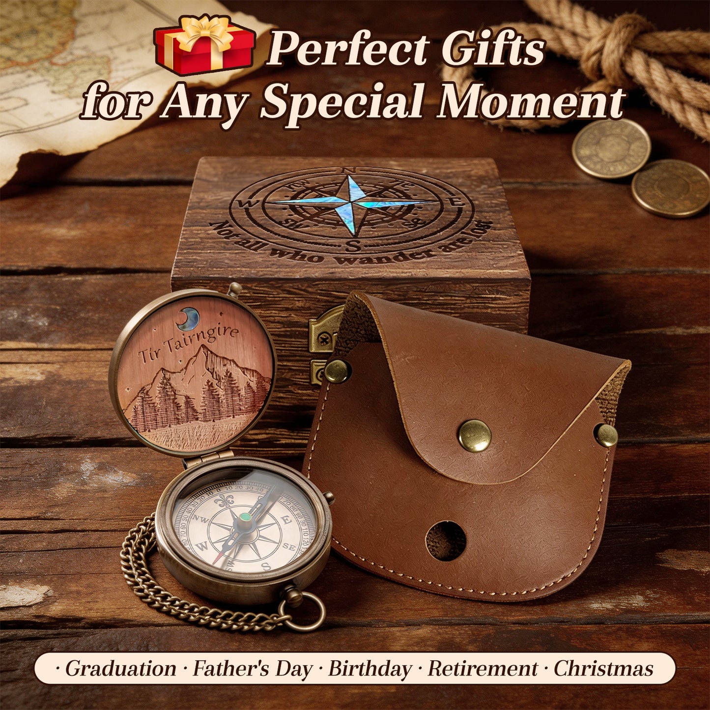 Personalized Engraved Compass with Wooden Box  Custom Brass Pocket Compass  with PU Leather Storage Pouch  for Camping Hiking Fishing  Vintage Antique Keepsake  Father's Day Birthday Xmas Gifts