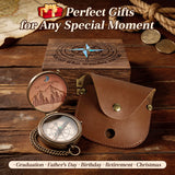 Personalized Engraved Compass with Wooden Box Custom Brass Pocket Compass with PU Leather Storage Pouch for Camping Hiking Fishing Vintage Antique Keepsake Father's Day Birthday Xmas Gifts-xmj
