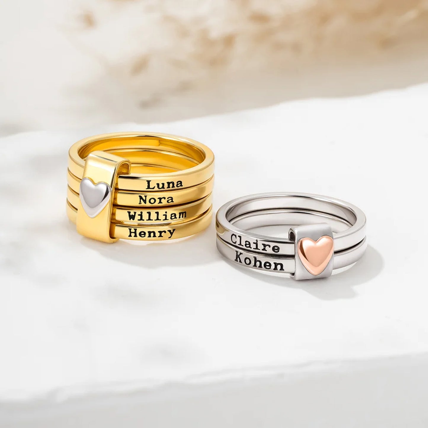 Personalized Name Ring for Women Stacking Rings with Engraved 2-7 Names Family Custom Jewelry Gifts for Mom Grandma Wife Girlfriend Mother's Day Birthday Wedding Xmas Gifts