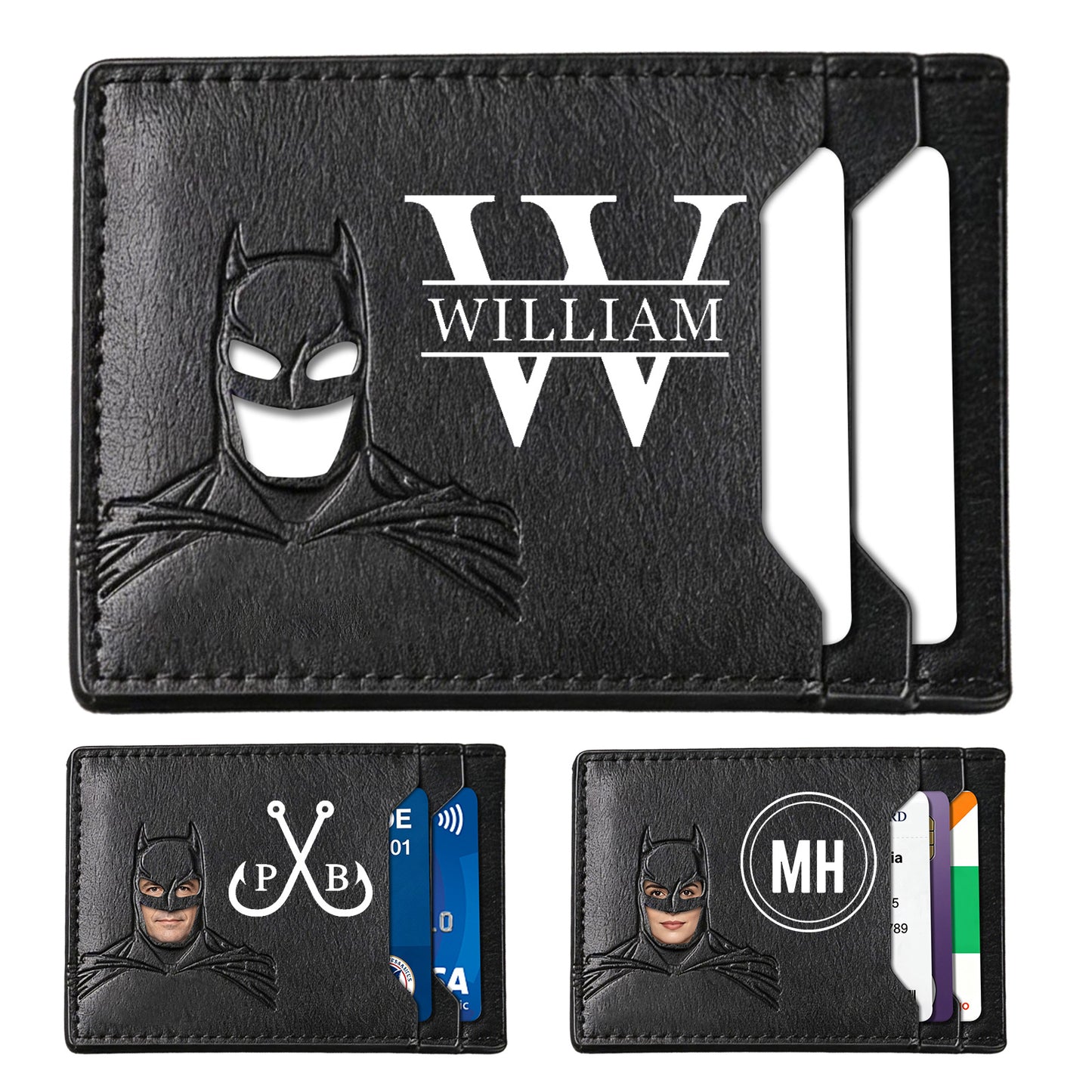 Personalized Bat Wallet with Name  Slim PU Leather ID Wallet Gifts for Men Husband  Boyfriend Dad  Face Eyes Cutout Card Holder with Multiple Card Slots Father's Day Birthday Anniversary