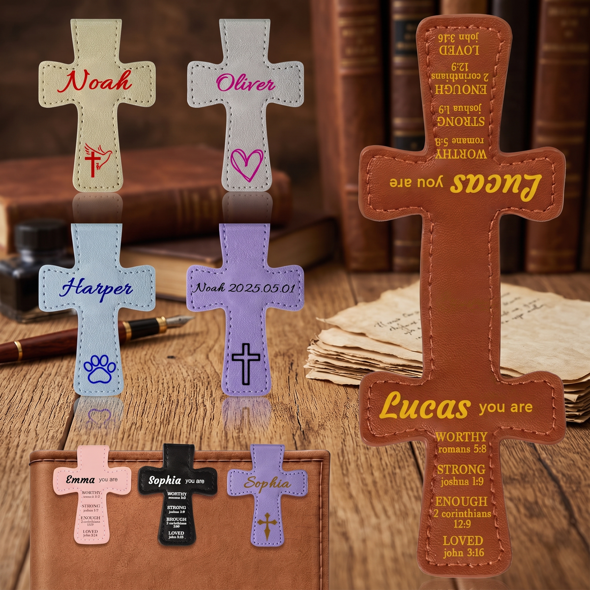 Personalized Magnetic Christian Bookmarks Custom PU Leather Bookmark with Name & Bible Verses Catholic Cross Book Marks Religious Gifts for Women Students Teachers Father Book Lovers
