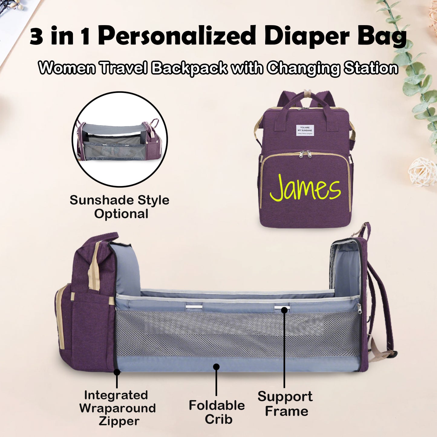 Personalized 3 in 1 Diaper Bag Backpack with Changing Station