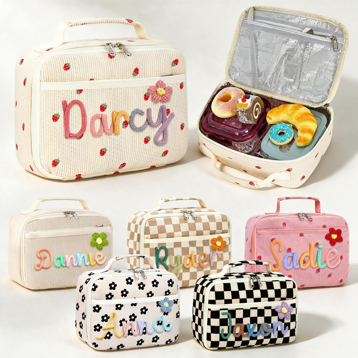 Personalized Insulated Lunch Bag Box for Girls Custom Lunch Bag with Name & Flower Portable Preppy Lunchbox Bag for Teens Girls Reusable lunchboxes for School Travel Picnic Birthday Gifts