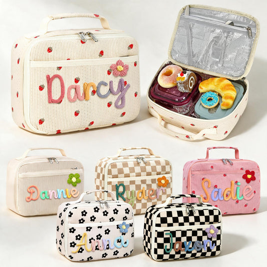 Personalized Insulated Lunch Bag Box for Girls Custom Lunch Bag with Name & Flower Portable Preppy Lunchbox Bag for Teens Girls Reusable lunchboxes for School Travel Picnic Birthday Gifts