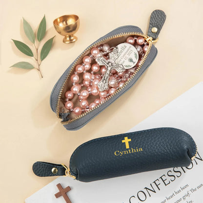 Personalized Genuine Leather Rosary Pouch, Cross Print Rosary Bag with Name