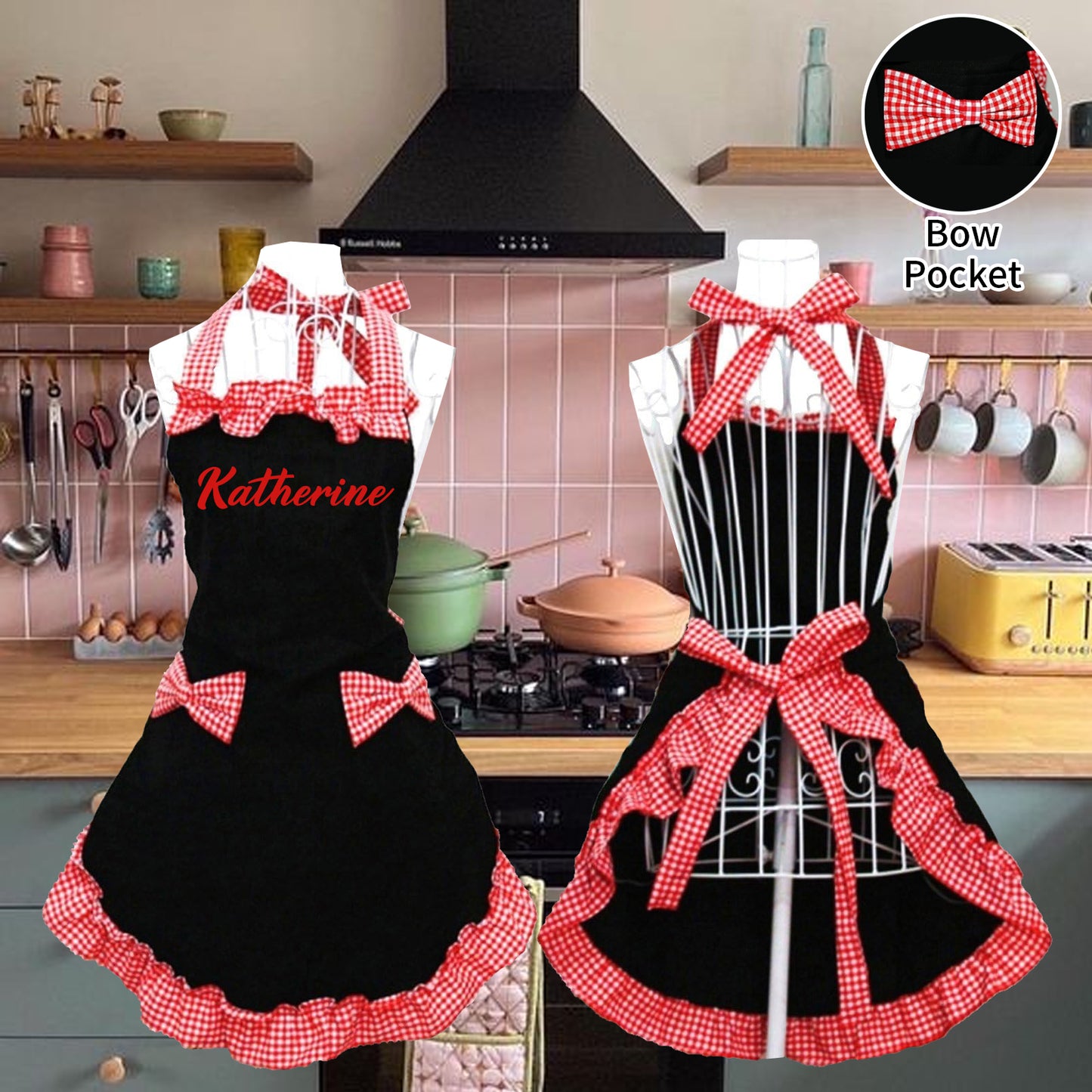 Personalized Name Embroidered Women's Apron | Customized Retro Cute Apron