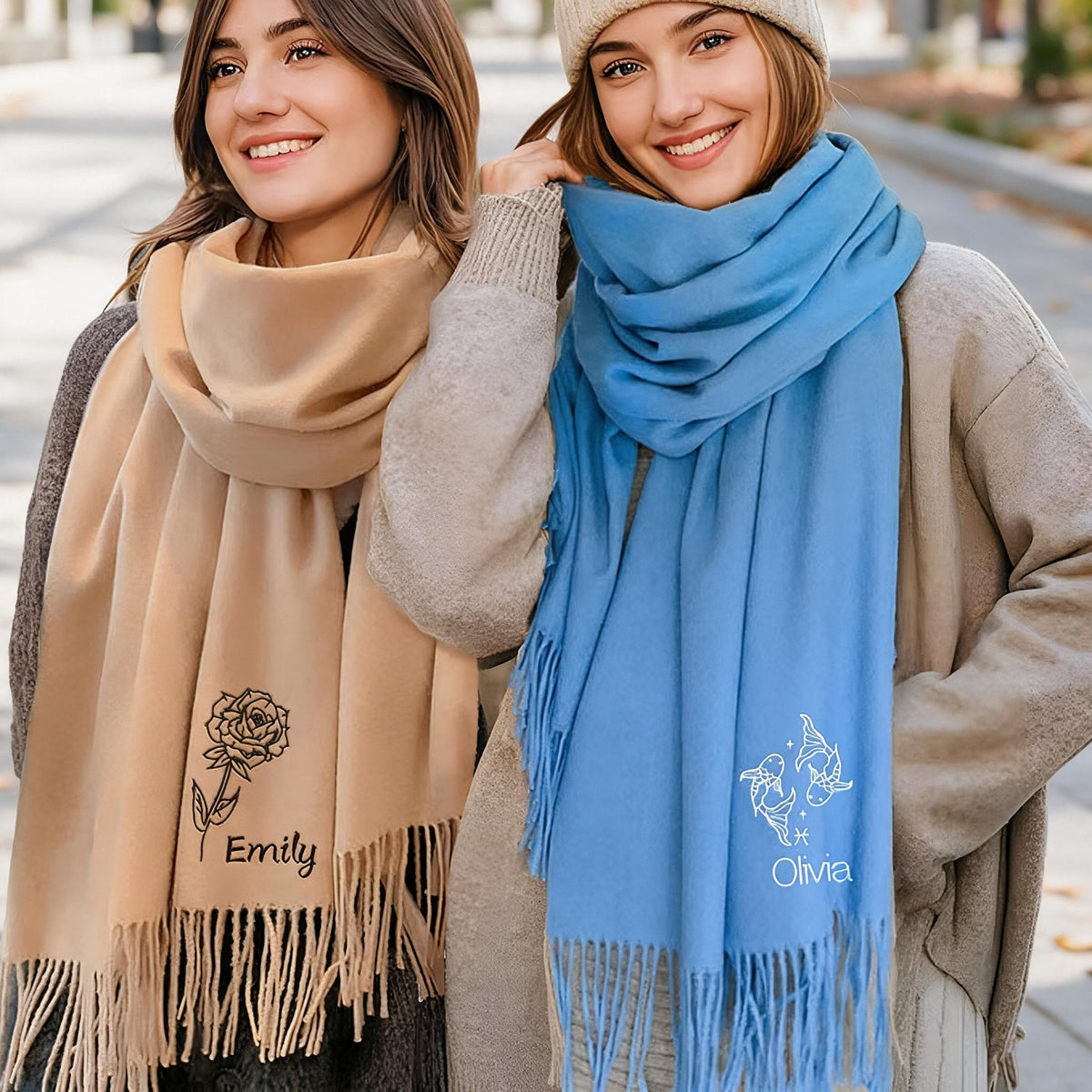 Personalized Embroidered Scarf Unisex Custom Shawls Embroidered Name Constellations Birth Flower Women's Wraps for Daily Travel Xmas Wedding Birthday Gifts for Bride Bridesmaid Mom Lover Friends