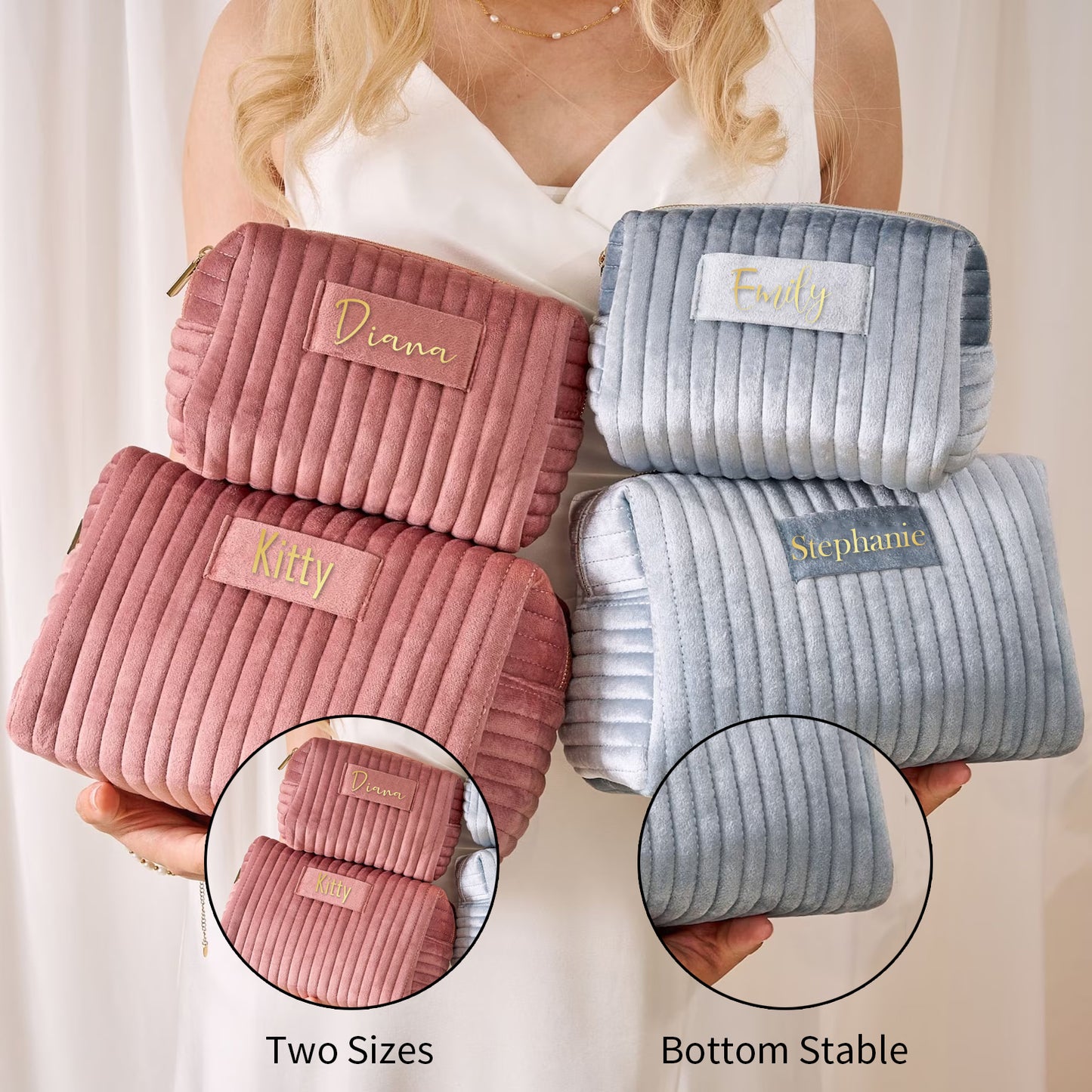 Personalized Velvet Makeup Bag, Custom Quilted Cosmetic Bag