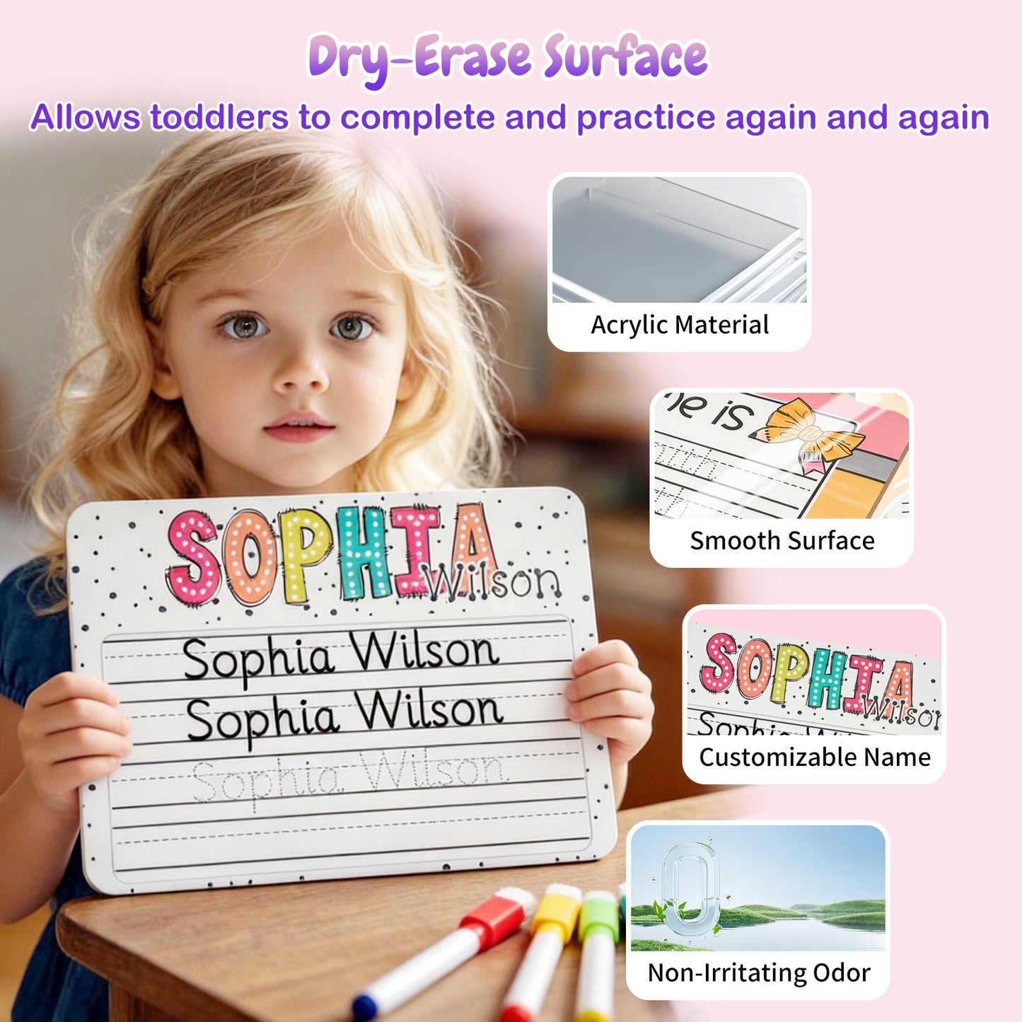 Personalized Name Practicing Board for Kids Custom Name Tracing Whiteboard with Dry-Erase Pen Back-to-School Gift for 3 4 5 Years Old Preschoolers Toddler Name Learning Handwriting Practice