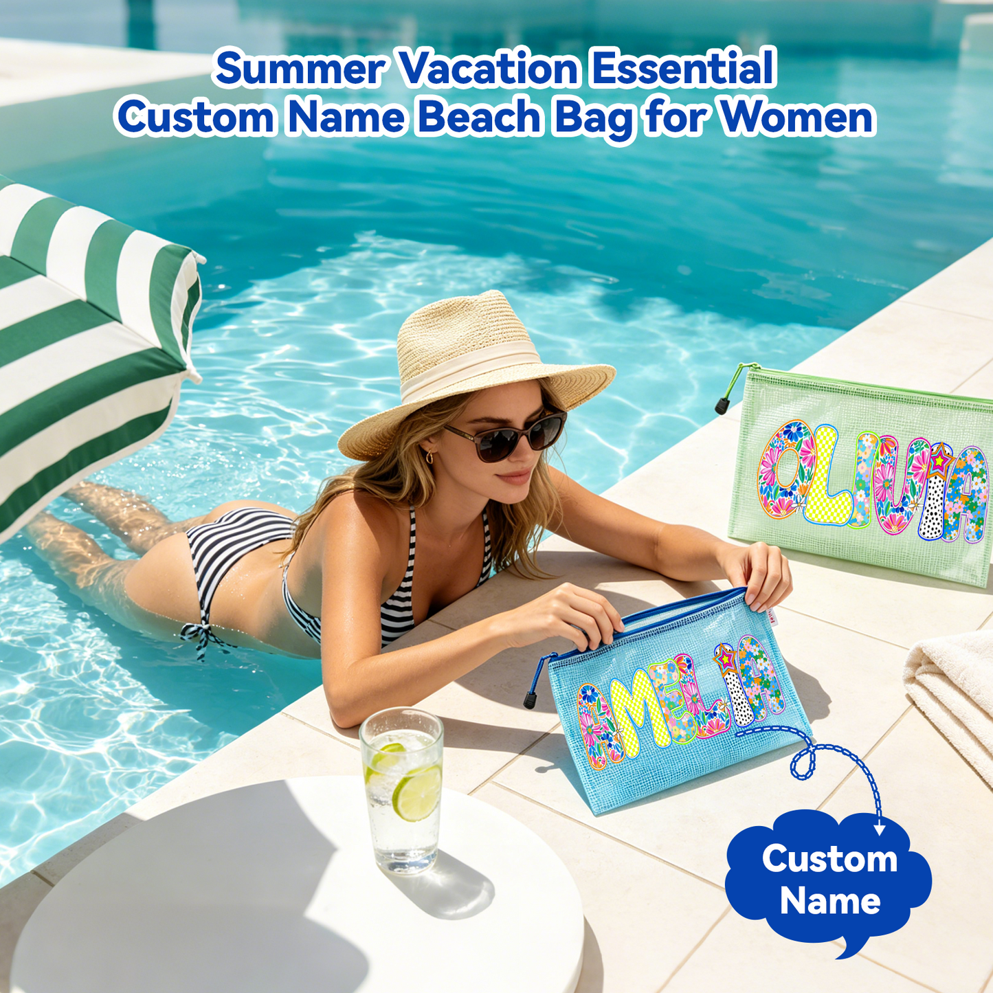 Personalized Beach Bag with Artistic Name Custom Pool Bag for Women Waterproof Beach Bag with Zipper Wet Dry Mesh Design Beach Pouch For Pool Beach Vacation Birthday Summer Party Travel
