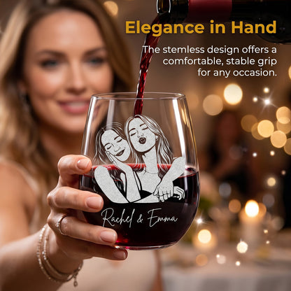 Personalized Besties Portrait Wine Glass BFF Gifts for Women Custom Photo and Name 15oz Stemless Wine Glass Soul Sister Present Gifts for Besties Sister Family Friend Bridesmaids