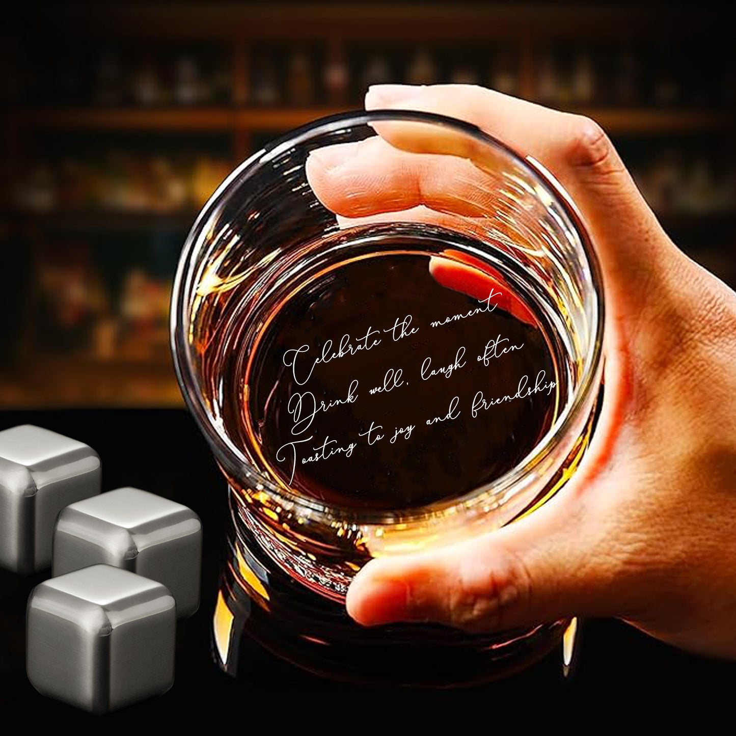 Personalized Whiskey Glass for Men, Bourbon Glass with Stainless Steel Ice Cubes