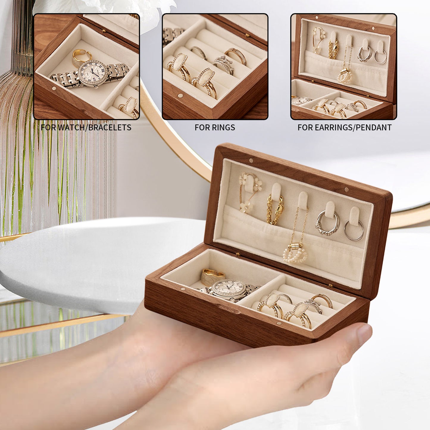 Personalized Wooden Jewelry Box with Birth Flower Name, Customized Gift for Women