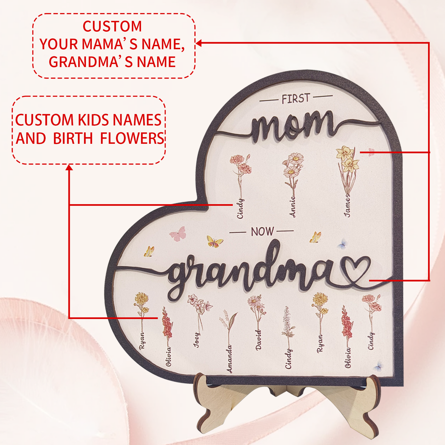 Personalized Birthday Flower Ornaments, Customized Name Heart-Shaped Decoration