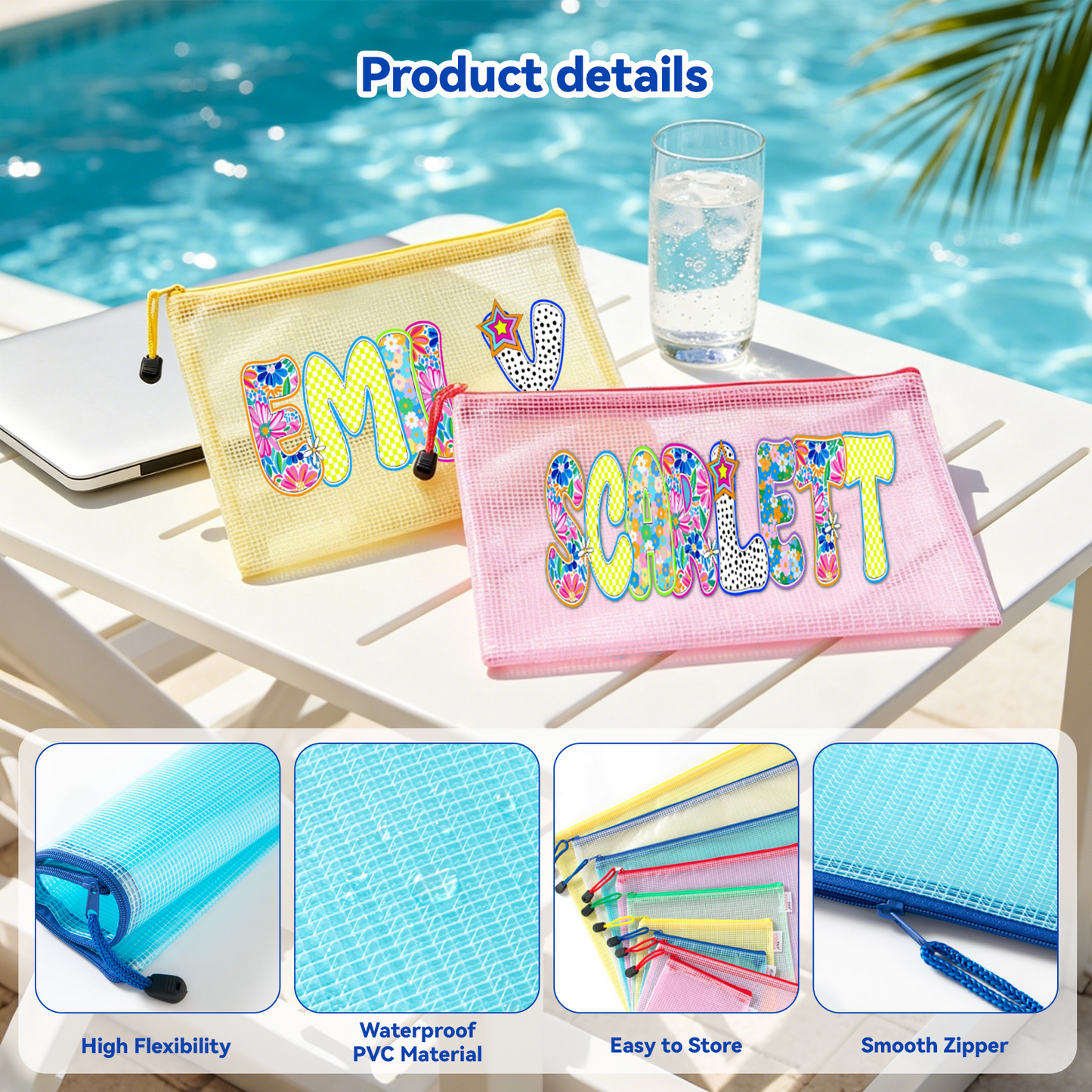 Personalized Beach Bag with Artistic Name Custom Pool Bag for Women Waterproof Beach Bag with Zipper Wet Dry Mesh Design Beach Pouch For Pool Beach Vacation Birthday Summer Party Travel