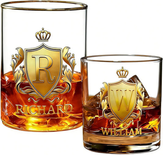 Personalized Golden Badge Whiskey Glass 10 oz Glass Glass for Scotch Bourbon Custom Initial and Name Gifts for Bartender Dad Husband Boyfriends Party Favor Birthday Father's Day Gifts