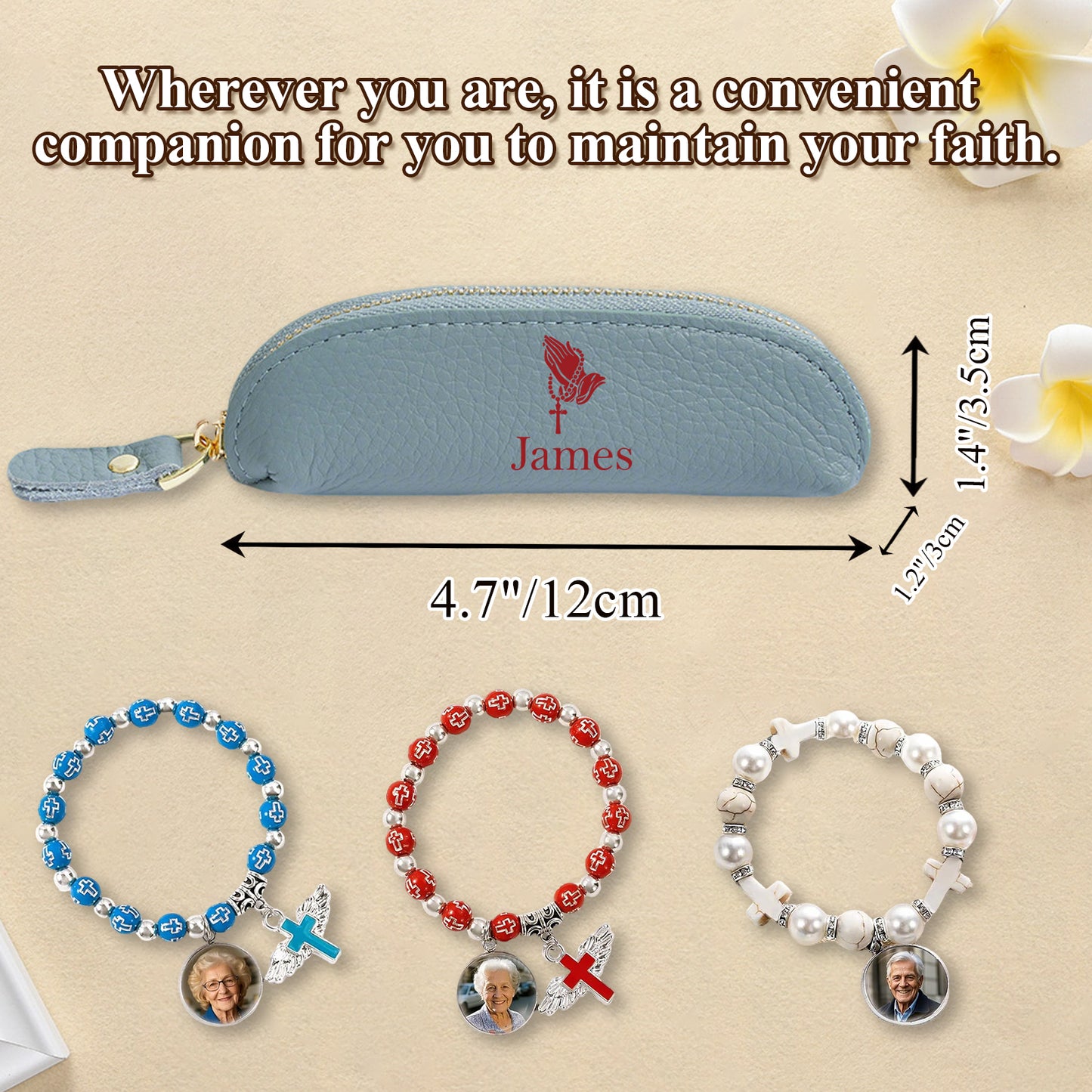 Personalized Genuine Leather Rosary Pouch, Cross Print Rosary Bag with Name