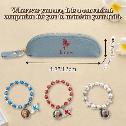 Personalized Genuine Leather Rosary Pouch, Cross Print Rosary Bag with Name