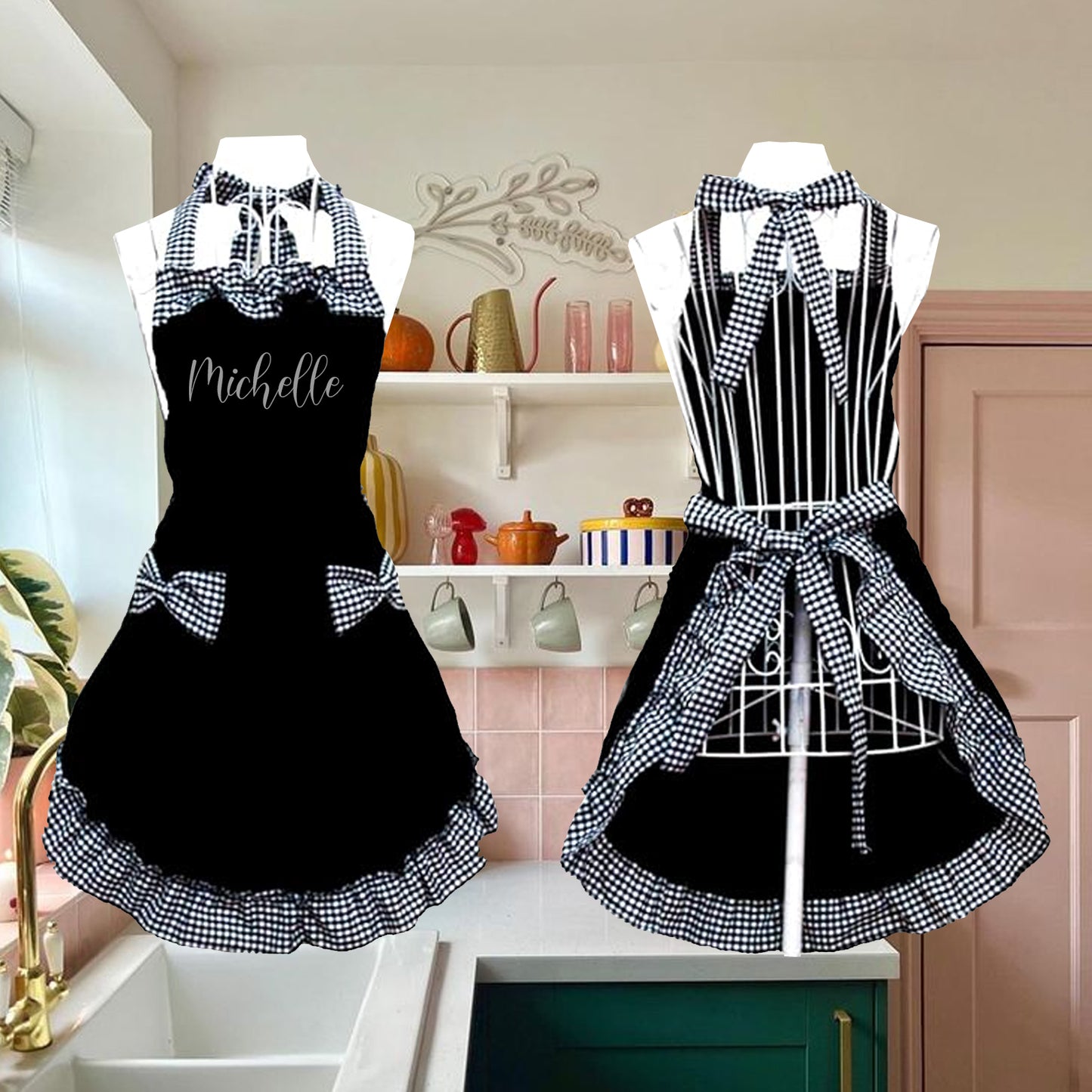 Personalized Name Embroidered Women's Apron | Customized Retro Cute Apron