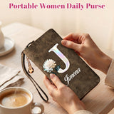 Personalized Wristlet Wallet for Women Custom Pearl Initial Birth Flower and Name PU Leather Wallet with Coin Pocket Id Window & Grip Hand Strap Mother's Day Birthday Gift for Mom Friends-xmj
