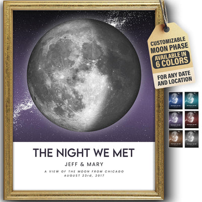 Custom Moon Phase Gift for Specific Date | Romantic Gifts for Her | Gifts for Husband | Personalized Night Sky | Paper Anniversary | (e.g. Wedding Valentine's Day Birthday etc) | Grey with Thin Border & Front Glow