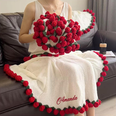 Custom Rose Flower Blanket with Embroidered Name - Personalized Red Crochet Bouquet Throw Blanket Gift for Birthday Wedding Valentine’s Day Mother's Day Christmas