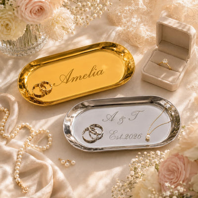 Personalized Jewelry Dish Engraved Ring Holder Custom Trinket Tray Gold or Silver Jewelry Tray with Name or Monogram Engraving Elegant Ring Holder for Wedding Bride and Bridesmaid Gifts