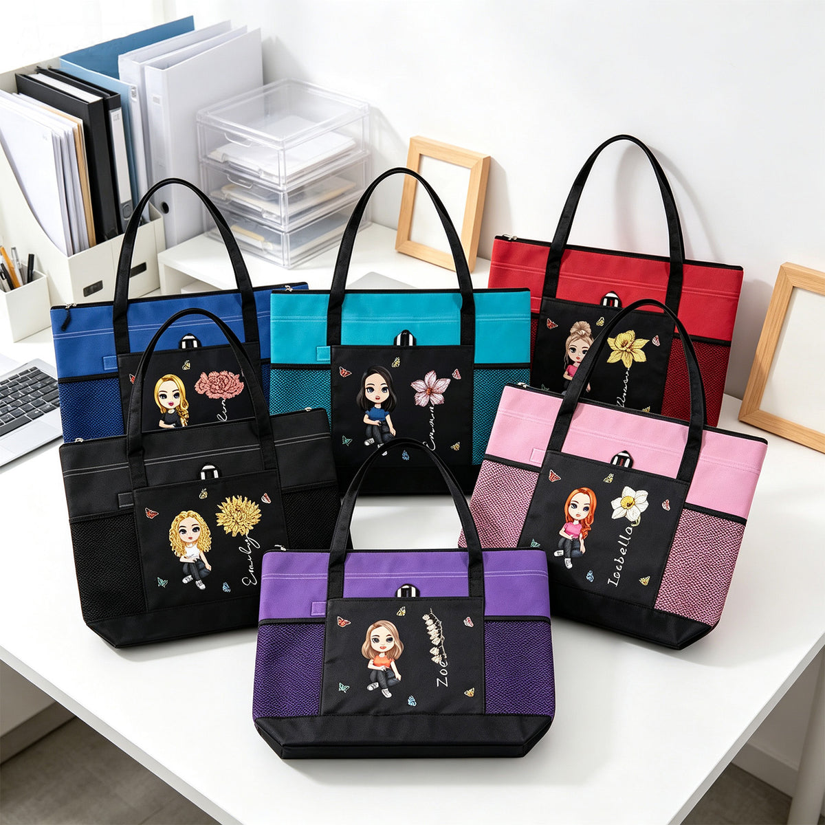 Bolso tote Oxford personalizado para mujer, bolsa de almacenamiento de viaje con diseño de dibujos animados y flor de nacimiento, bolsa de gran capacidad con nombre para oficina, viajes, playa, compras, picnic, regalo de cumpleaños para mujer