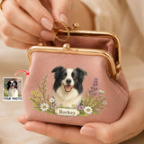 Personalized Floral Pet Photo Portable PU Leather Coin Purse with Name and Kiss Lock Travel Essential Birthday Gift for Dog Cat Pet Owner Lovers